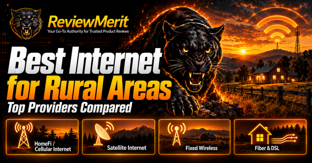 Best Internet for Rural Areas featured image with ReviewMerit panther branding, rural home scenery, and comparisons of HomeFi cellular internet, satellite, fixed wireless, fiber, and DSL options