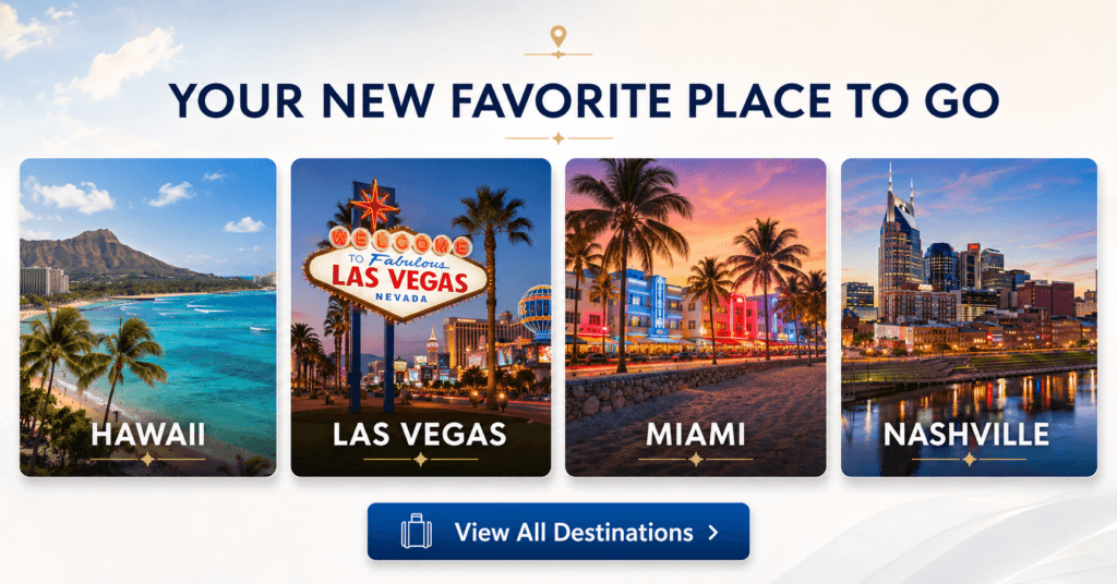Tripster destinations image showing Hawaii, Las Vegas, Miami, and Nashville travel options with a View All Destinations button.