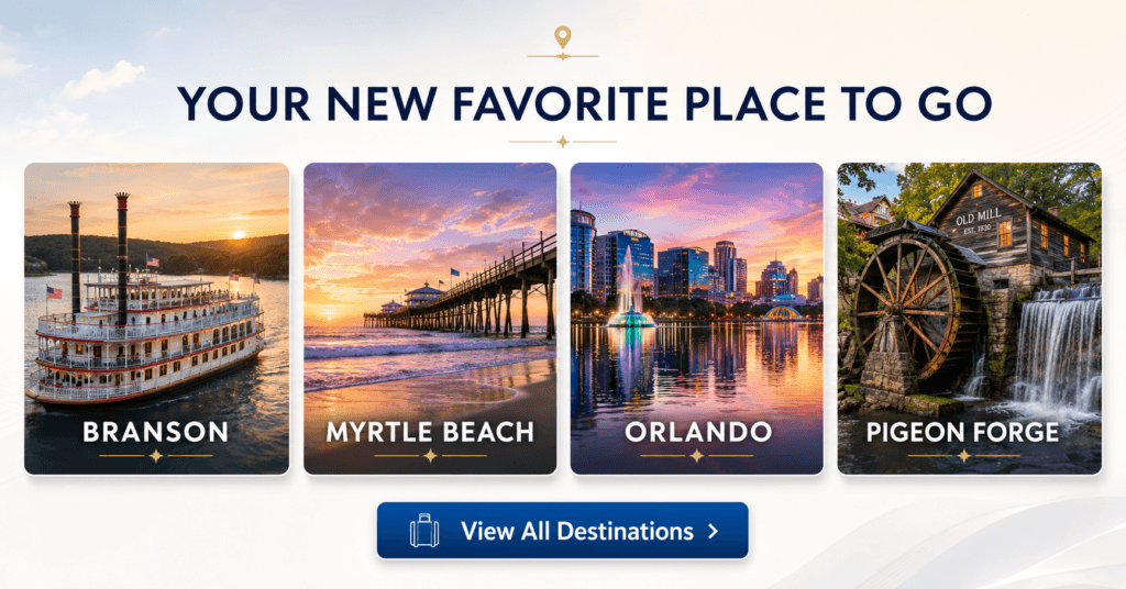 Tripster destination image showing Branson, Myrtle Beach, Orlando, and Pigeon Forge travel options with a View All Destinations button.