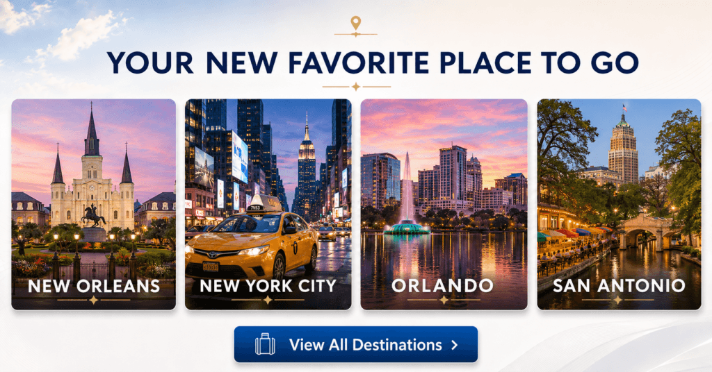 Tripster destinations image showing New Orleans, New York City, Orlando, and San Antonio travel options with a View All Destinations button.