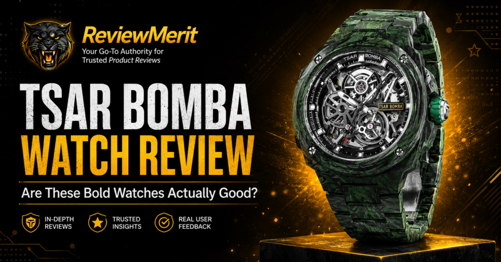 Tsar Bomba skeleton watch featured in a black and gold ReviewMerit watch review graphic