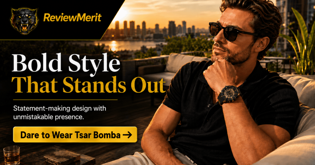 Man wearing a bold Tsar Bomba watch on a rooftop lounge at sunset with ReviewMerit branding and a Dare to Wear Tsar Bomba CTA