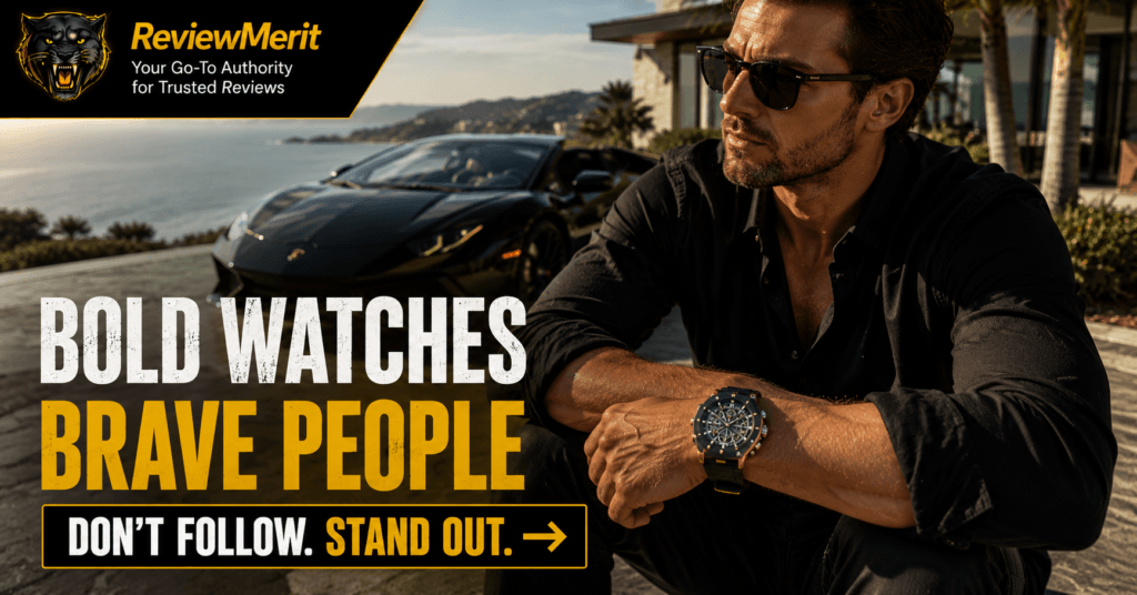 Man wearing a bold Tsar Bomba watch beside a black sports car at a coastal home with ReviewMerit branding and a Don’t Follow, Stand Out CTA