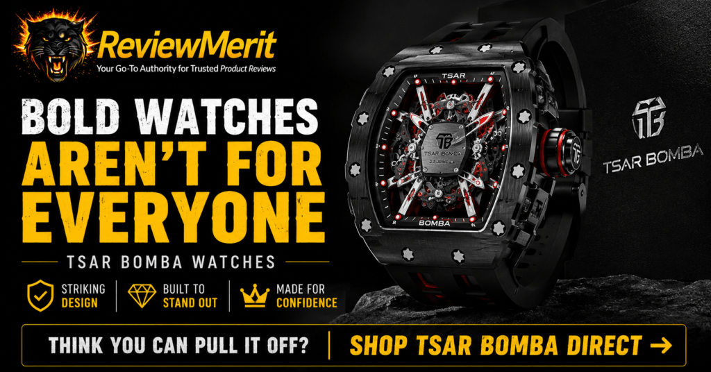 Bold Tsar Bomba skeleton watch displayed in a black and gold ReviewMerit graphic with a challenging shop-direct CTA