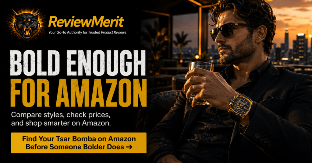 Man wearing a bold Tsar Bomba watch in a luxury rooftop lounge at sunset with ReviewMerit branding and an Amazon shopping CTA