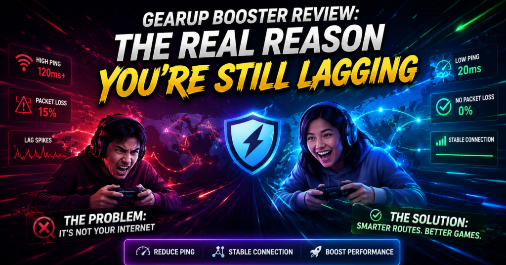 GearUp Booster review graphic showing a frustrated gamer dealing with high ping, packet loss, and lag spikes contrasted with a happy gamer enjoying a stable low-latency connection. The image highlights the message “The Real Reason You’re Still Lagging” and explains that gaming lag is often caused by inefficient routing rather than internet speed.