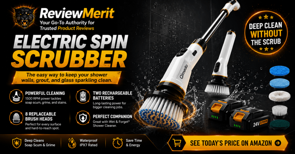 ReviewMerit recommendation featuring the Qimedo electric spin scrubber with rechargeable batteries, interchangeable brush heads, and powerful 1500 RPM cleaning performance for shower walls, grout, tile, and glass.