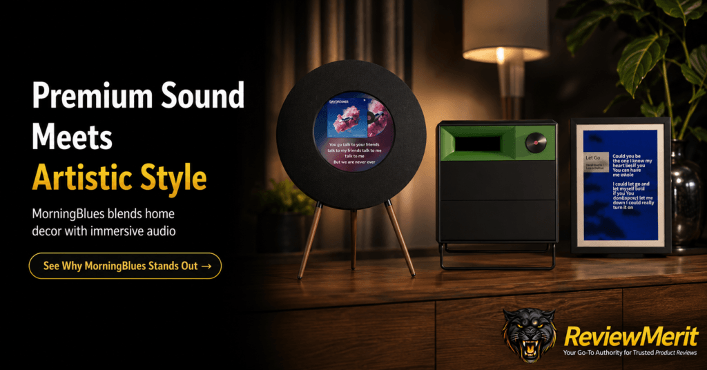 MorningBlues record-style speaker, cabinet speaker, and lyric display arranged in a modern living room with ReviewMerit branding