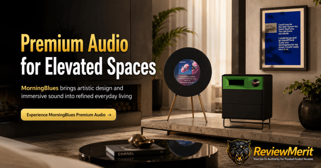 MorningBlues record-style speaker and cabinet speaker displayed in an elegant modern living room with premium ReviewMerit branding