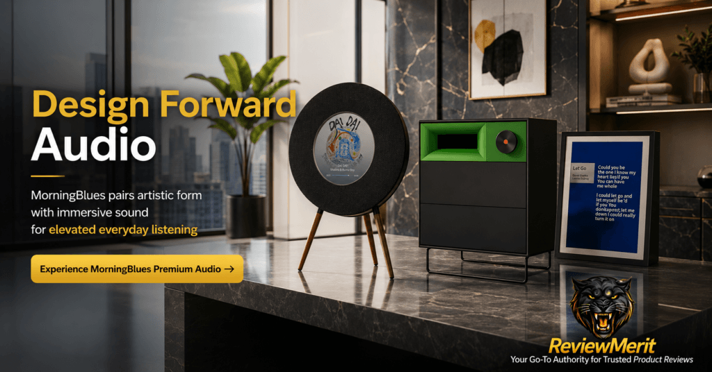 MorningBlues record-style speaker, cabinet speaker, and lyric display showcased in a bright modern penthouse with city views and ReviewMerit branding
