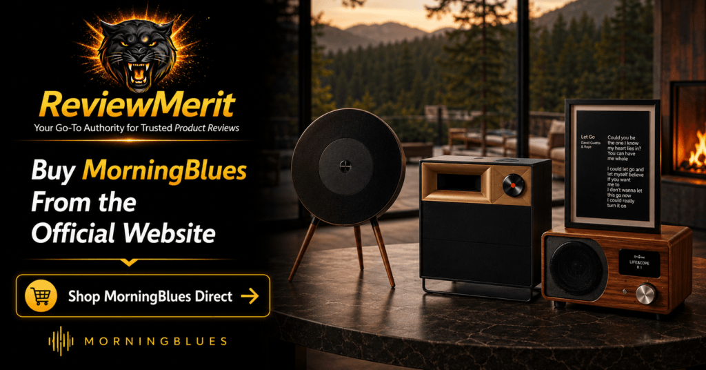 MorningBlues premium audio products displayed in an upscale mountain home with ReviewMerit branding and an official website purchase CTA
