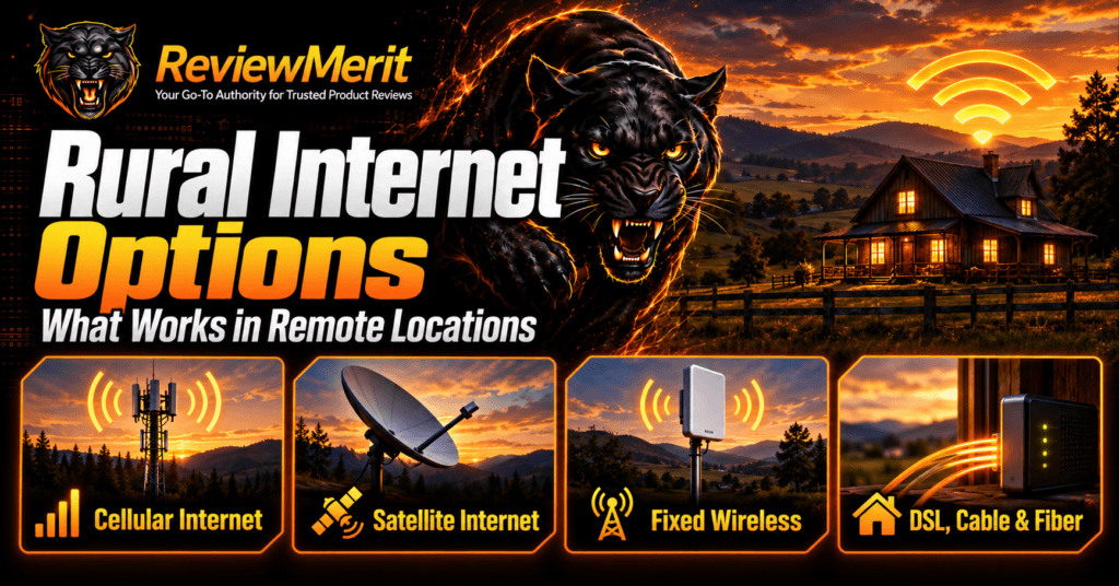 Rural Internet Options image with ReviewMerit panther branding, remote cabin scenery, and comparisons of cellular, satellite, fixed wireless, DSL, cable, and fiber internet