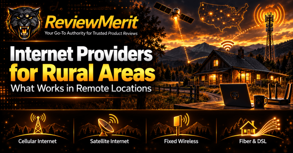 Internet Providers for Rural Areas featured image with ReviewMerit panther branding, remote cabin scenery, and icons for cellular, satellite, fixed wireless, fiber, and DSL internet options
