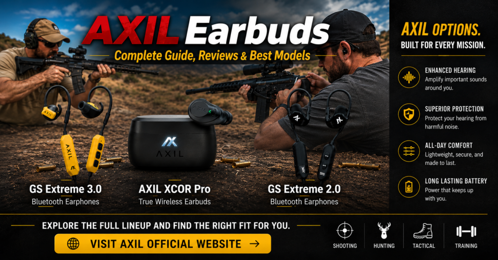 AXIL earbuds comparison guide featuring GS Extreme 3.0, XCOR Pro, and GS Extreme 2.0 displayed in front of an outdoor shooting range scene. The image highlights multiple AXIL hearing protection options for shooting, hunting, tactical use, and training, with a bright yellow "Visit AXIL Official Website" call-to-action button and feature callouts for enhanced hearing, superior protection, all-day comfort, and long-lasting battery life.