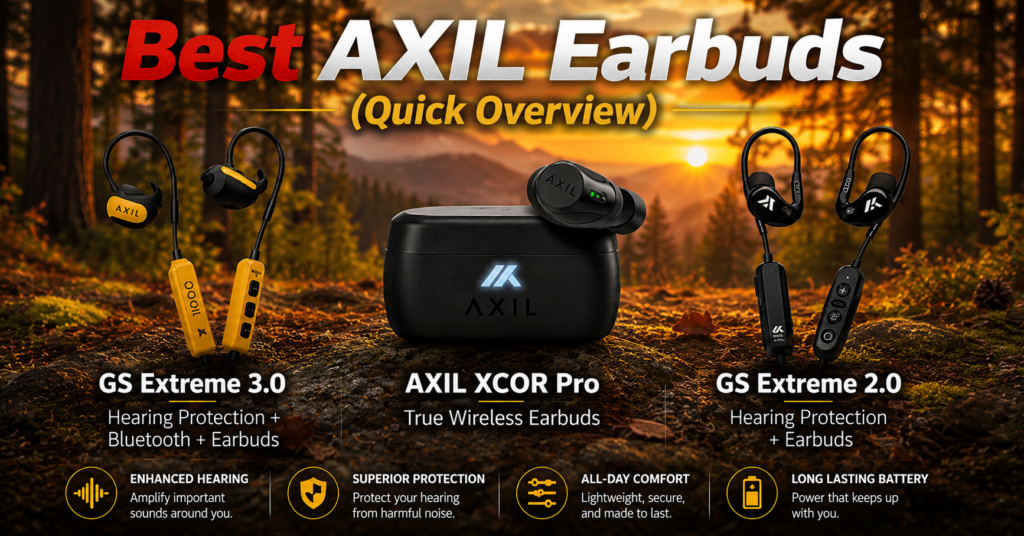 Comparison image featuring AXIL GS Extreme 3.0, AXIL XCOR Pro, and GS Extreme 2.0 earbuds displayed against a scenic forest sunset. The graphic highlights AXIL hearing protection options for shooting, hunting, and outdoor use, with feature callouts including enhanced hearing, superior protection, all-day comfort, and long-lasting battery life.