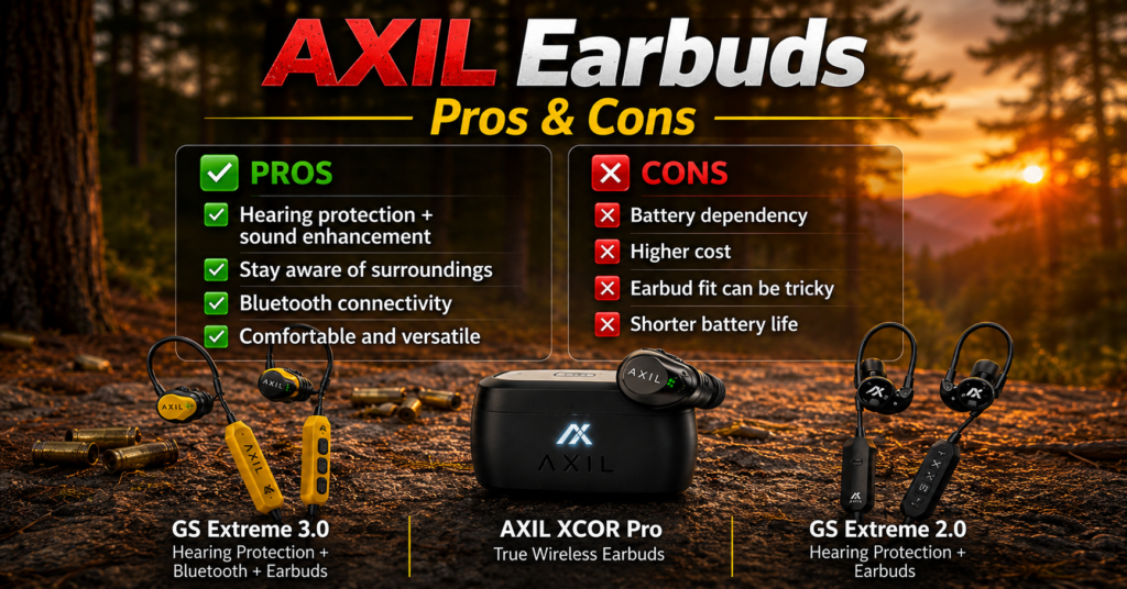 AXIL earbuds pros and cons comparison graphic featuring GS Extreme 3.0, XCOR Pro, and GS Extreme 2.0 against a forest sunset backdrop. The image highlights benefits such as hearing protection, sound enhancement, situational awareness, and Bluetooth connectivity, alongside considerations including battery dependence, higher cost, fit, and battery life.