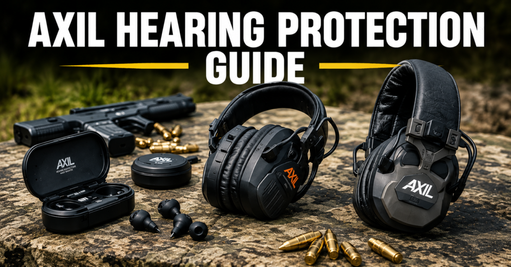 AXIL Hearing Protection Guide featuring AXIL earbuds, electronic earmuffs, and shooting accessories displayed on a rugged outdoor surface. The image showcases multiple hearing protection options for shooters, hunters, and outdoor enthusiasts, including wireless earbuds, over-ear hearing protection, and electronic earmuffs designed for hearing safety, comfort, and situational awareness.