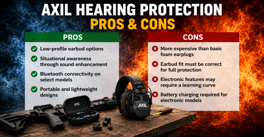 AXIL Hearing Protection pros and cons infographic featuring AXIL wireless earbuds and electronic earmuffs displayed on a rustic shooting bench. The image compares key advantages such as situational awareness, Bluetooth connectivity, lightweight designs, and low-profile earbud options against considerations including cost, proper fit requirements, battery charging, and the learning curve associated with electronic hearing protection. The dramatic blue smoke and orange flame background emphasizes the comparison for shooters, hunters, and outdoor enthusiasts.