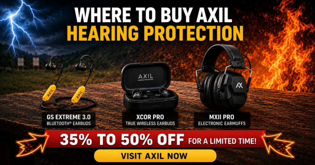 AXIL hearing protection buying guide graphic featuring GS Extreme 3.0 Bluetooth earbuds, XCOR Pro true wireless earbuds, and MXII Pro electronic earmuffs displayed on a rugged outdoor shooting bench. The image highlights current AXIL promotions with a bold “Visit AXIL Now” call-to-action against a dramatic backdrop of lightning, fire, and shooting range targets, showcasing hearing protection options for shooters, hunters, and outdoor enthusiasts.