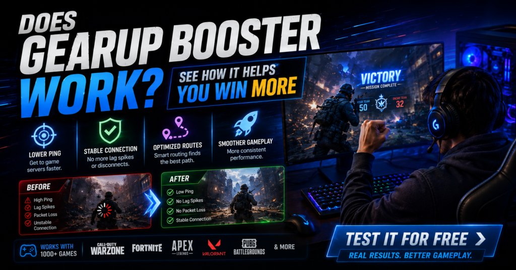 GearUp Booster gaming performance infographic explaining how the software can improve online gaming connections. The image highlights benefits such as lower ping, stable connections, optimized routing, and smoother gameplay while showing a gamer achieving victory in a competitive online game. A before-and-after comparison illustrates how better routing can reduce lag spikes, packet loss, and connection instability across popular multiplayer games.
