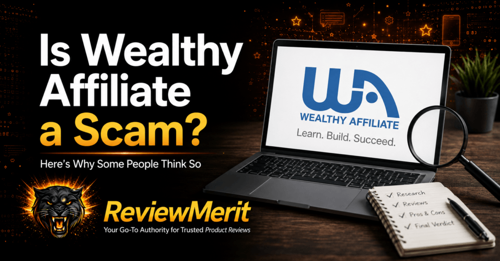 ReviewMerit featured image asking whether Wealthy Affiliate is a scam, with the Wealthy Affiliate logo on a laptop, a magnifying glass, research notes, and exact black panther branding.