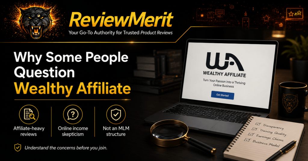 ReviewMerit graphic explaining why some people question Wealthy Affiliate, highlighting affiliate-heavy reviews, online-income skepticism, transparency concerns, and its non-MLM structure.