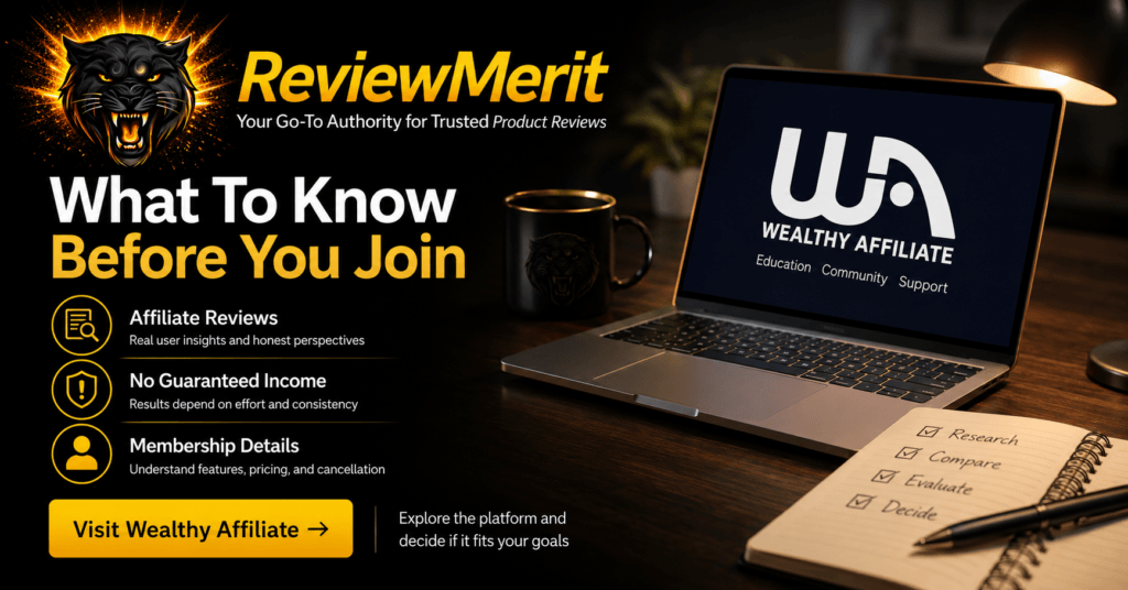 ReviewMerit graphic outlining what to know before joining Wealthy Affiliate, including affiliate reviews, income expectations, membership details, and a Visit Wealthy Affiliate CTA.