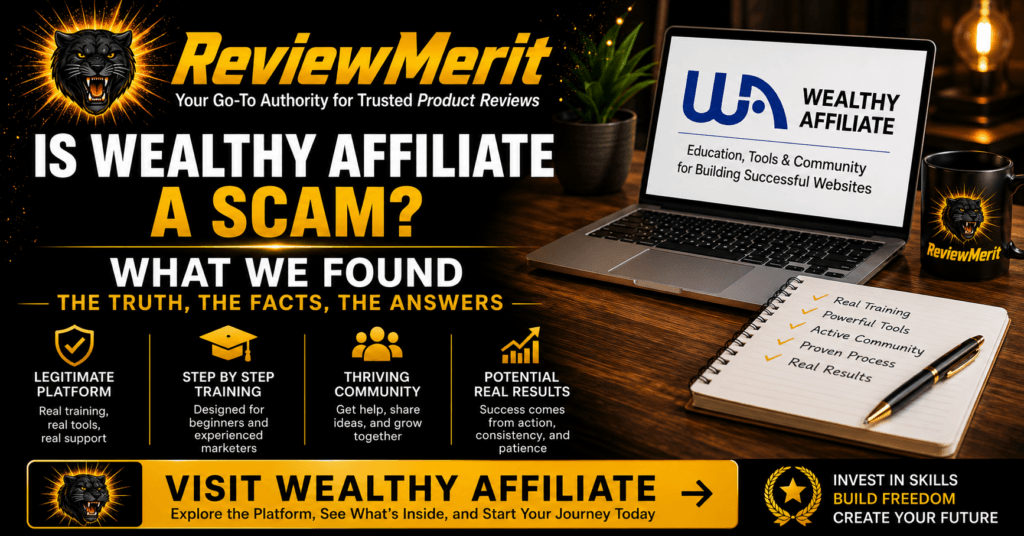 ReviewMerit graphic presenting Wealthy Affiliate as a legitimate platform with step-by-step training, useful tools, an active community, realistic income potential, and a Visit Wealthy Affiliate CTA.