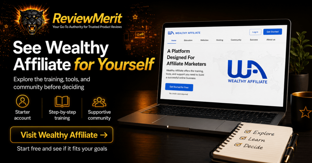 ReviewMerit graphic inviting readers to explore Wealthy Affiliate through its Starter account, step-by-step training, built-in tools, and supportive community