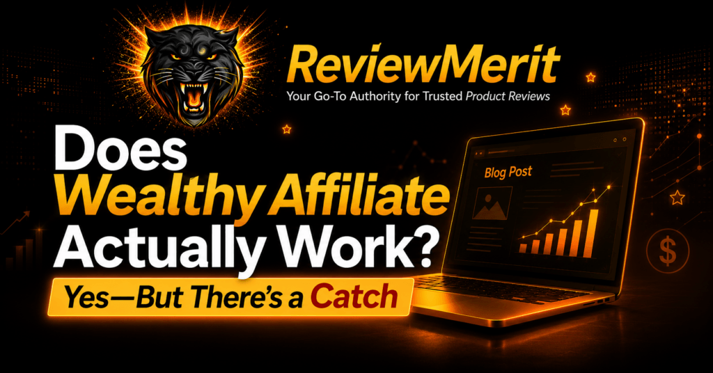 Does Wealthy Affiliate actually work featured image with ReviewMerit branding, a laptop displaying growing website traffic, and the message Yes—But There’s a Catch
