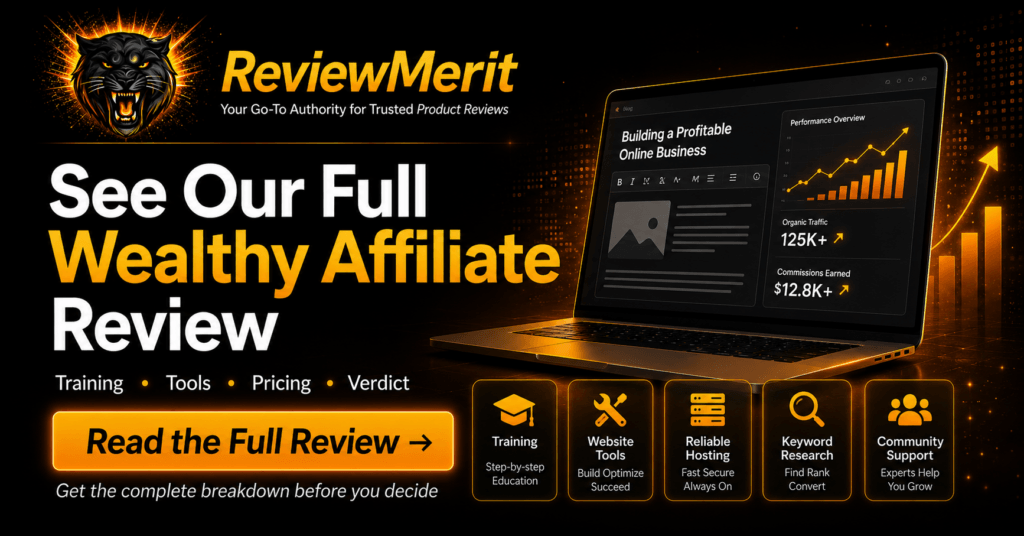 ReviewMerit Wealthy Affiliate review graphic featuring a laptop, affiliate marketing tools, training, pricing, and performance insights