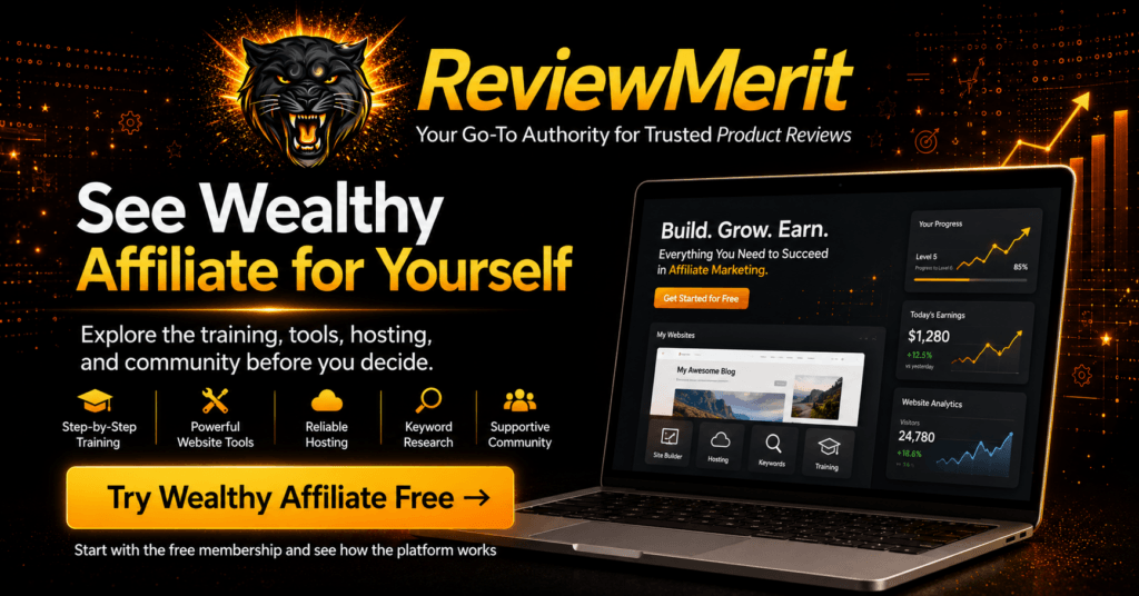 ReviewMerit Wealthy Affiliate graphic featuring a laptop with website-building tools, training, hosting, keyword research, community support, and a free membership CTA