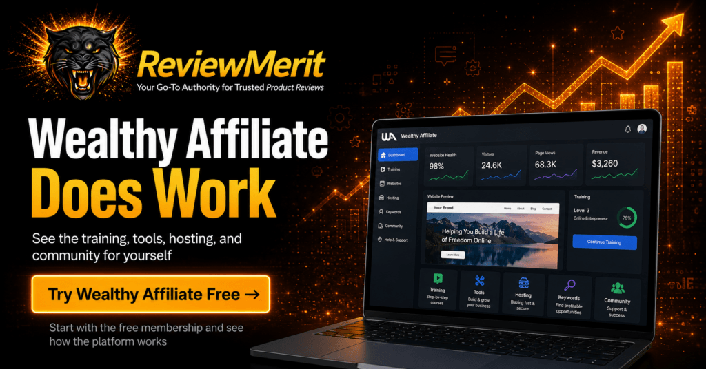 ReviewMerit Wealthy Affiliate graphic featuring a website-building dashboard, training, hosting, keyword tools, growth charts, and a free membership CTA