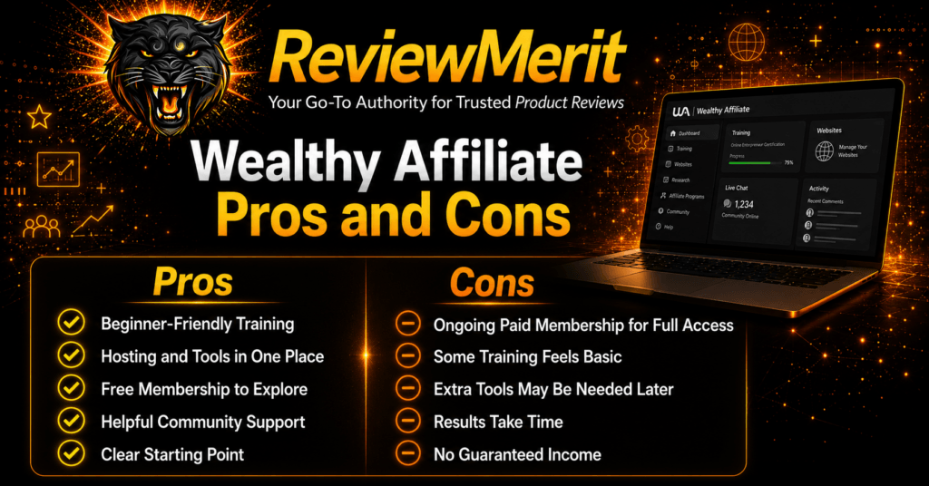 ReviewMerit Wealthy Affiliate pros and cons graphic comparing beginner-friendly training, hosting, tools, community support, membership costs, basic training, and the time required for results