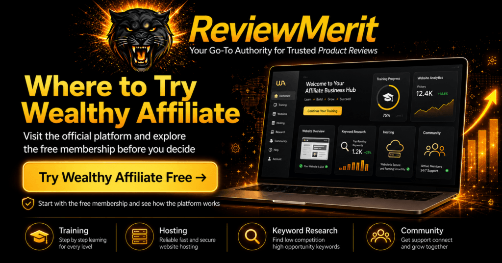 ReviewMerit Where to Try Wealthy Affiliate graphic featuring training, hosting, keyword research, community support, and a free membership CTA