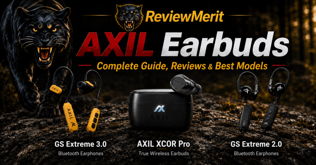 ReviewMerit-branded featured image for an AXIL earbuds guide, showing a snarling black panther with visible teeth on the left, large headline text reading “AXIL Earbuds,” subtitle “Complete Guide, Reviews & Best Models,” and three featured AXIL products across the bottom: GS Extreme 3.0, AXIL XCOR Pro, and GS Extreme 2.0, set against a dark wooded background with rocky foreground.