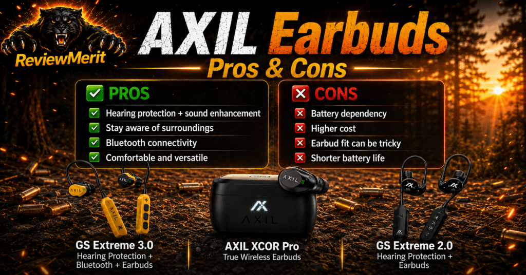 ReviewMerit AXIL earbuds pros and cons graphic comparing the GS Extreme 3.0, XCOR Pro, and GS Extreme 2.0, with a snarling black panther, shooting-range themed background, and key advantages and drawbacks of AXIL earbuds.