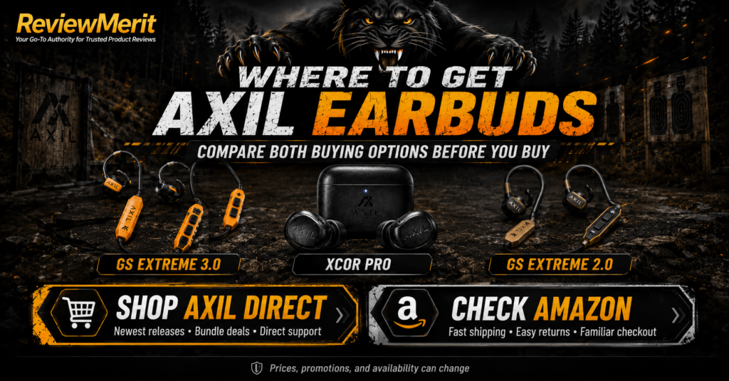 ReviewMerit “Where to Get AXIL Earbuds” graphic featuring the GS Extreme 3.0, XCOR Pro, and GS Extreme 2.0, with a snarling black panther and strong calls to shop AXIL direct or check Amazon.