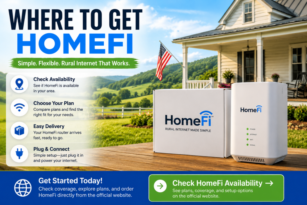 HomeFi rural internet router and packaging displayed outside a countryside farmhouse with text about checking availability, choosing plans, and easy setup for rural internet users