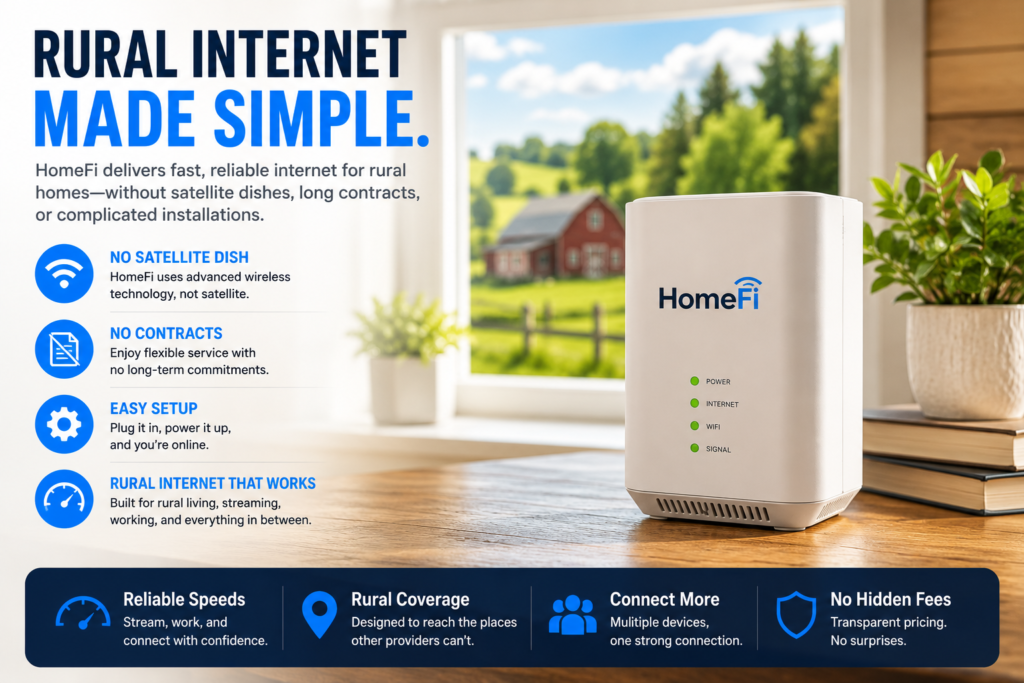 HomeFi rural internet device on a wooden table inside a bright farmhouse-style home with text highlighting no satellite dish, no contracts, easy setup, and reliable rural internet coverage