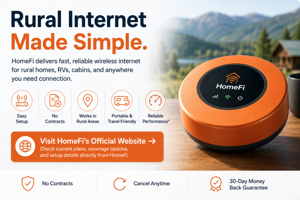 Homefi device on a table with a link to visit the HomeFi official website