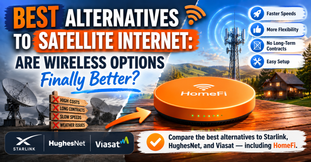 Modern alternatives to satellite Alternatives to satellite internet featuring wireless rural internet options like HomeFi compared to traditional providers such as Starlink, HughesNet, and Viasat