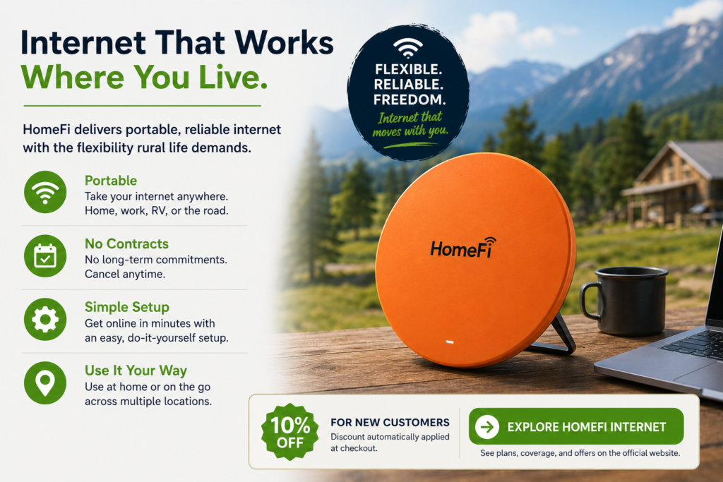 HomeFi portable wireless internet device in a rural outdoor setting highlighting flexible internet access, no contracts, cancel-anytime service, simple setup, and a 10% discount for new customers