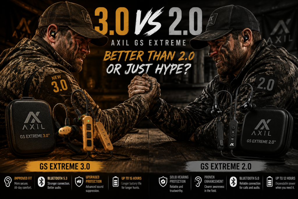 Two hunters wearing AXIL GS Extreme earbuds arm wrestle in a dramatic GS Extreme 3.0 vs 2.0 comparison image, highlighting whether the AXIL GS Extreme 3.0 is better than the 2.0 or just hype.
