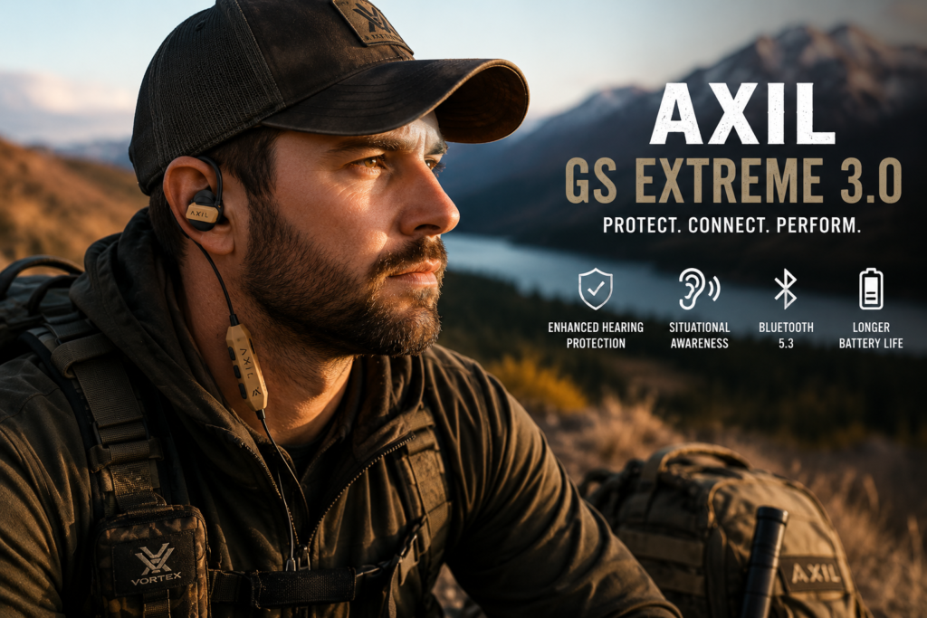 Hunter wearing AXIL GS Extreme 3.0 earbuds outdoors at sunset, highlighting hearing protection, situational awareness, Bluetooth 5.3, and long battery life in a rugged lifestyle setting