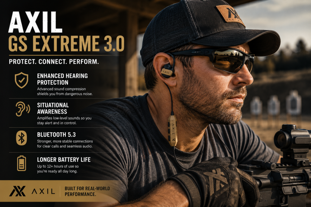 Shooter wearing AXIL GS Extreme 3.0 earbuds at an outdoor range, highlighting hearing protection, situational awareness, Bluetooth 5.3, and long battery life in a rugged shooting lifestyle scene