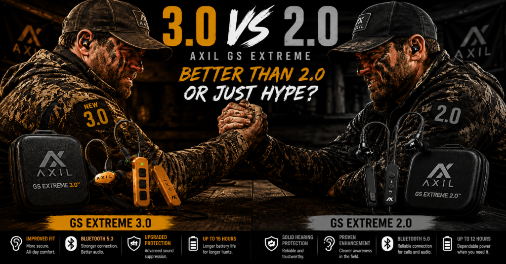 AXIL GS Extreme 3.0 vs 2.0 comparison graphic showing two hunters arm wrestling with AXIL earbuds and charging cases, highlighting the question “Better than 2.0 or just hype?”