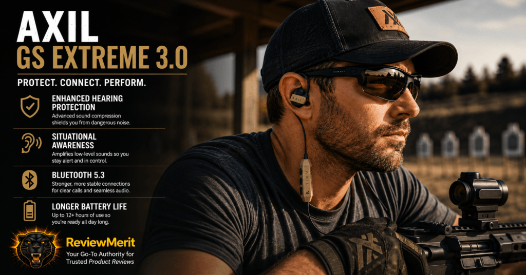 ReviewMerit branded lifestyle image featuring a shooter wearing AXIL GS Extreme 3.0 electronic earbuds at a shooting range, highlighting enhanced hearing protection, situational awareness, Bluetooth 5.3, and longer battery life.