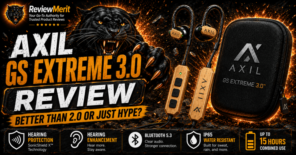 AXIL GS Extreme 3.0 Review featuring the earbuds, carrying case, ReviewMerit panther branding, and key features including Bluetooth 5.3, IP65 water resistance, hearing enhancement, and up to 15 hours of combined use.