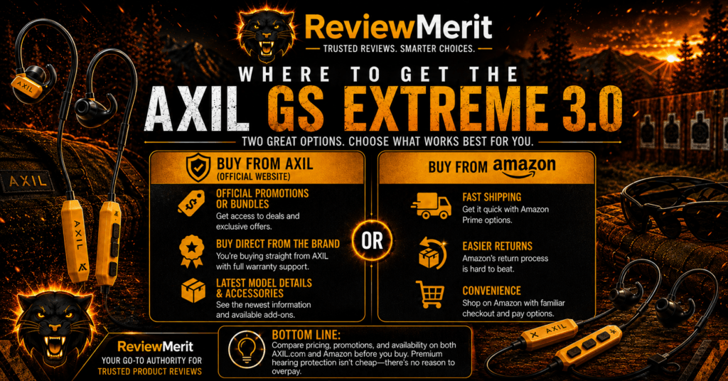 ReviewMerit-branded AXIL GS Extreme 3.0 buying guide comparing the official AXIL website with Amazon for promotions, shipping, returns, accessories, and checkout convenience.